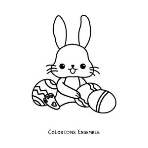 Image à colorier d'un lapin kawaii assis avec des œufs de Pâques