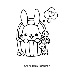 Image à colorier d'un lapin kawaii dans un panier de fleurs