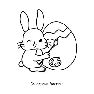 Image à colorier d'un lapin kawaii qui peint un œuf de Pâques