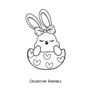 Image à colorier d'une tendre lapine avec un nœud, dans un œuf de Pâques