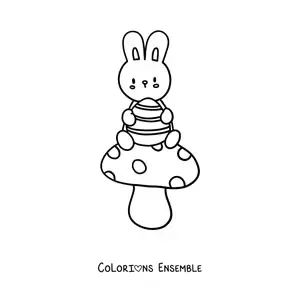 Image à colorier d'un lapin kawaii assis sur un champignon avec un œuf de Pâques