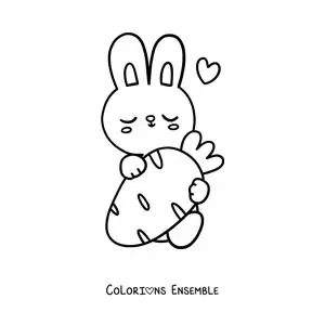 Image à colorier d'un tendre lapin assis avec une carotte