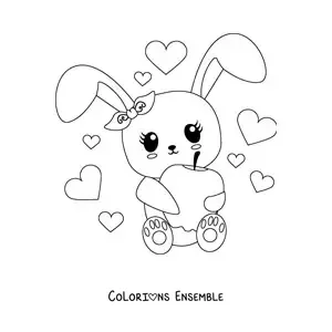 Image à colorier d'un lapin kawaii animé assis avec une pomme et des cœurs en arrière-plan