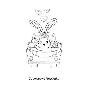 Image à colorier d'un tendre lapin animé dans une voiture avec des œufs de Pâques