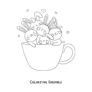 Image à colorier de lapins kawaii animés dans une tasse