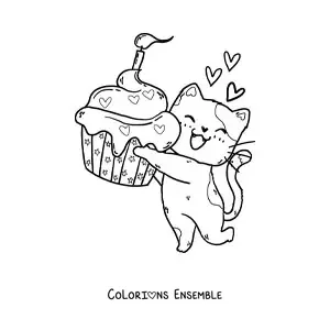 Image à colorier d'un chaton kawaii avec un cupcake d'anniversaire