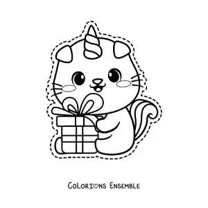 Image à colorier d'un chat-licorne kawaii avec un cadeau d'anniversaire