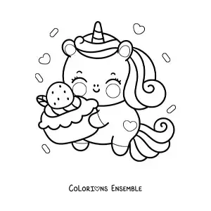 Image à colorier d'une licorne kawaii avec une part de gâteau d'anniversaire