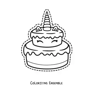 Image à colorier d'un grand gâteau licorne kawaii