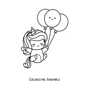 Image à colorier d'une licorne kawaii avec des ballons d'anniversaire