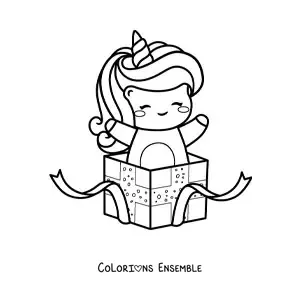 Image à colorier d'une licorne kawaii dans une boîte cadeau d'anniversaire