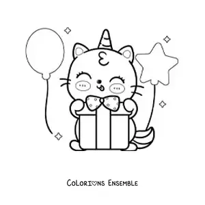 Image à colorier d'un chat-licorne kawaii qui ouvre un cadeau d'anniversaire