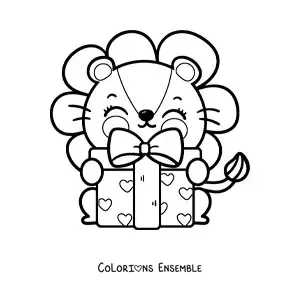 Image à colorier d'un lion kawaii animé avec un cadeau d'anniversaire