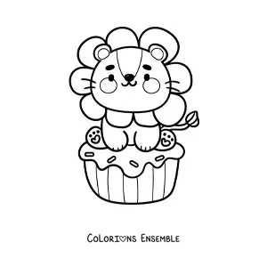 Image à colorier d'un tendre lion animé sur un cupcake d'anniversaire
