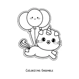 Image à colorier d'un chat-licorne kawaii qui flotte avec des ballons d'anniversaire