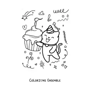 Image à colorier d'un chat d'anniversaire kawaii avec un cupcake à une fête