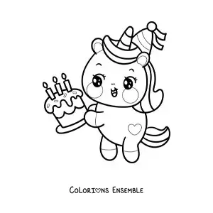 Image à colorier d'une licorne d'anniversaire kawaii avec un gâteau d'anniversaire