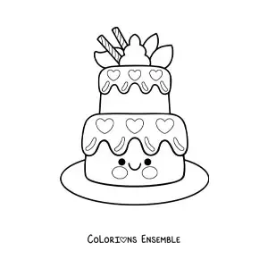 Image à colorier d'un gâteau d'anniversaire kawaii tout animé