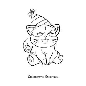 Image à colorier d'un chaton d'anniversaire kawaii tout animé