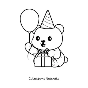 Image à colorier d'un ours d'anniversaire kawaii avec un cadeau et un ballon