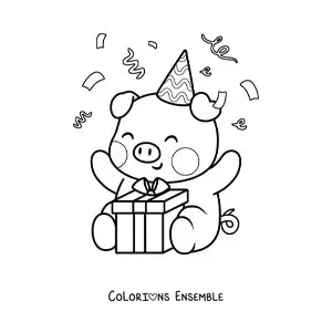 Image à colorier d'un cochon d'anniversaire kawaii assis avec un cadeau et des confettis