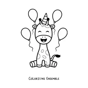 Image à colorier d'une girafe d'anniversaire kawaii toute animée