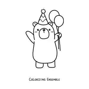 Image à colorier d'un ours d'anniversaire kawaii avec un ballon et un chapeau de fête