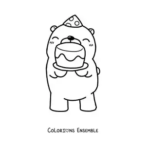 Image à colorier d'un ours d'anniversaire kawaii avec un gâteau et un chapeau de fête