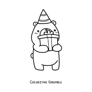 Image à colorier d'un ours d'anniversaire kawaii avec un cadeau et un chapeau de fête