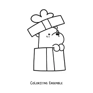 Image à colorier d'un ours d'anniversaire kawaii qui sort d'une boîte cadeau
