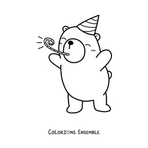 Image à colorier d’un ours kawaii d’anniversaire qui fait la fête avec un chapeau et un mirliton