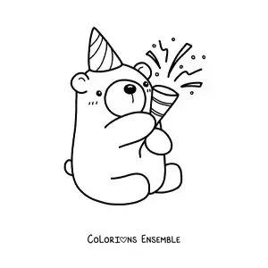 Image à colorier d’un ours kawaii d’anniversaire assis au milieu des confettis