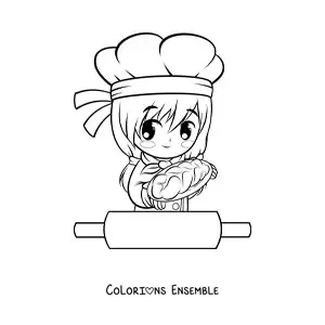 Image à colorier d’une fille boulangère kawaii dans un style anime