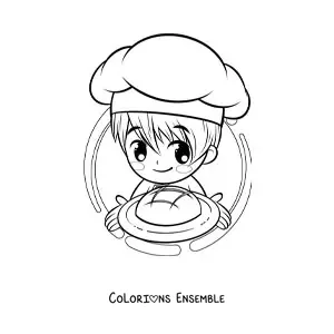 Image à colorier d’un garçon boulanger kawaii dans un style anime