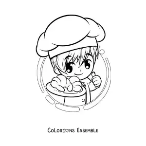Image à colorier d’un garçon boulanger kawaii tenant un croissant