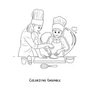 Image à colorier d’une mère et de sa fille en train de préparer du pain