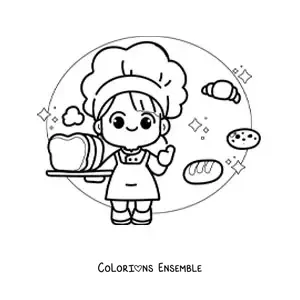 Image à colorier d’une boulangère kawaii avec un croissant et d’autres pains