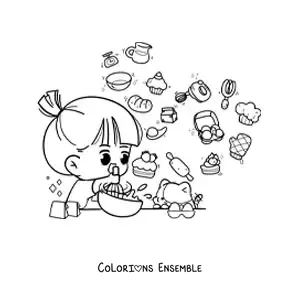 Image à colorier d’une fille kawaii qui prépare du pain avec ses ingrédients