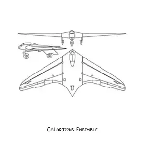 Image à colorier d'un avion de guerre vu de face, de dessus et de côté
