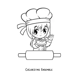 Image à colorier d’une fille boulangère kawaii avec un rouleau à pâtisserie