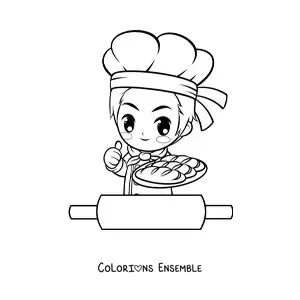 Image à colorier d’un chef boulanger kawaii avec un rouleau à pâtisserie