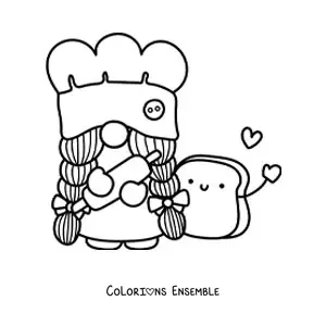 Image à colorier d’un gnome boulanger kawaii avec un rouleau à pâtisserie