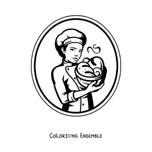 Image à colorier d’une boulangère, toute simple, avec un panier de pains