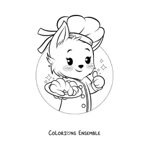 Image à colorier d’un petit chien boulanger kawaii, style anime, avec un croissant