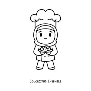 Image à colorier d’une fille boulangère kawaii musulmane