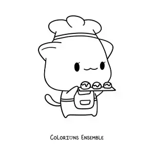 Image à colorier d’un petit chat boulanger kawaii, style anime, avec un plateau de desserts