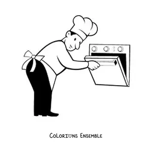 Image à colorier d’un chef boulanger qui ouvre le four
