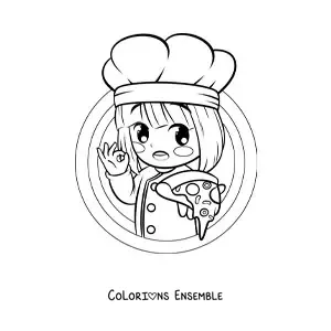 Image à colorier d’une fille cuisinière kawaii avec une pizza