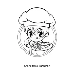 Image à colorier d’un garçon cuisinier kawaii avec un taco