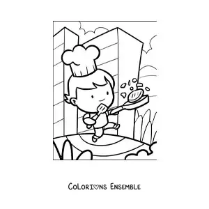 Image à colorier façon dessin animé d’un garçon cuisinier en train de cuisiner